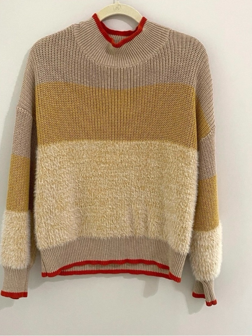 Very J Sweater Beige, Mustard & Orange Trim Colorblock Turtleneck Sweater